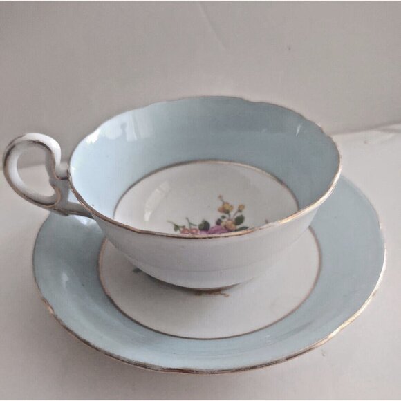 Vintage Grafton England Wide Mouth Tea Cup & Saucer set Blue & Floral 1950's - Picture 2 of 14